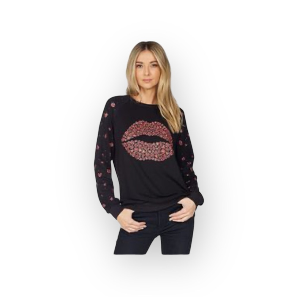 Lauren Moshi ᨎ Noleta Ruby Lip Super Soft Pullover Sweatshirt ᨎ Jet Black ᨎ XS